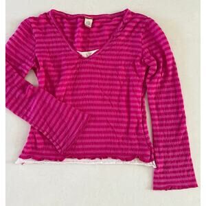 Vintage Y2K Unionbay Long Sleeve Pink Striped Size L V Neck Layered Look Stretch